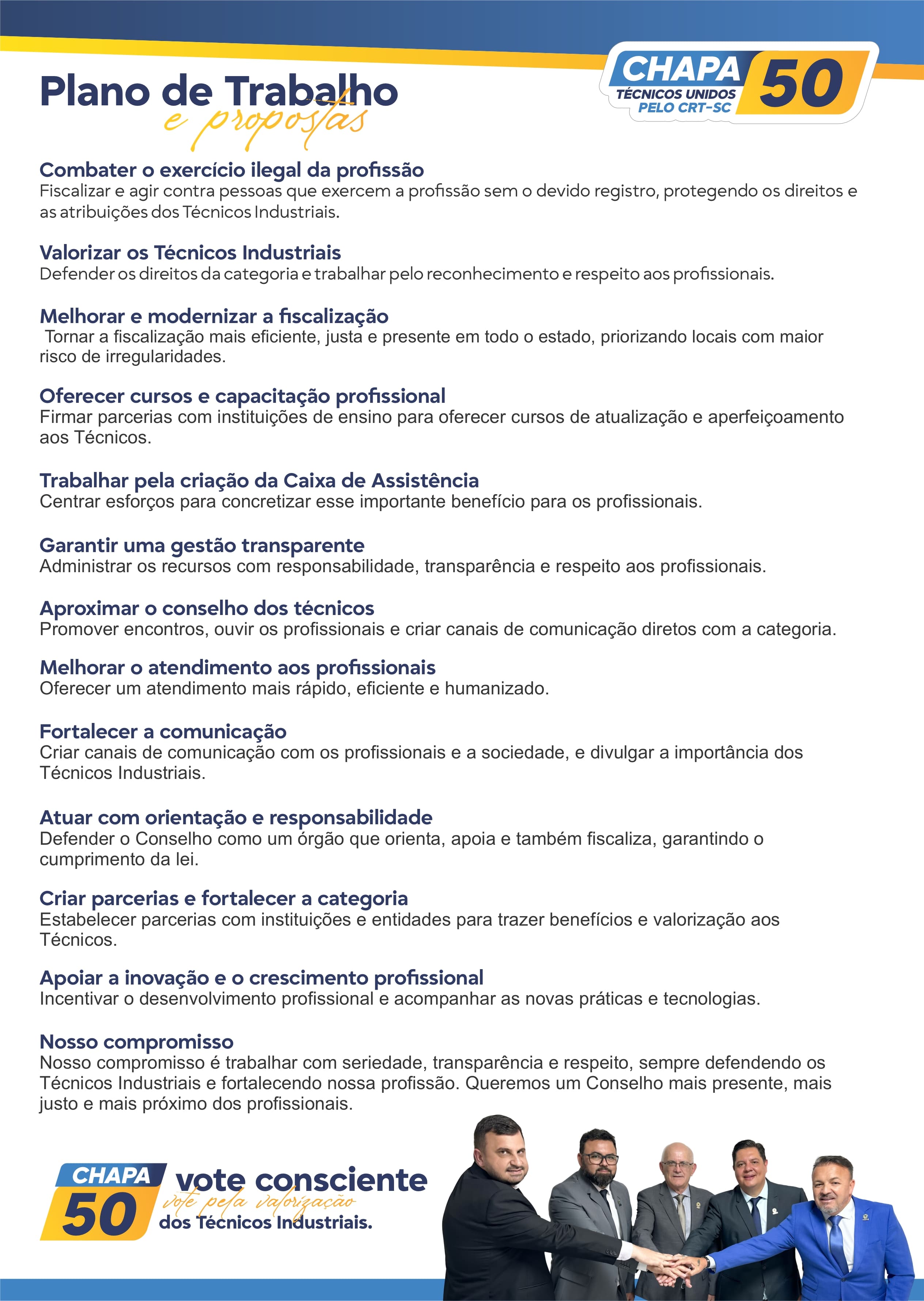 Folder da campanha Chapa 50 — verso (plano de trabalho e propostas)